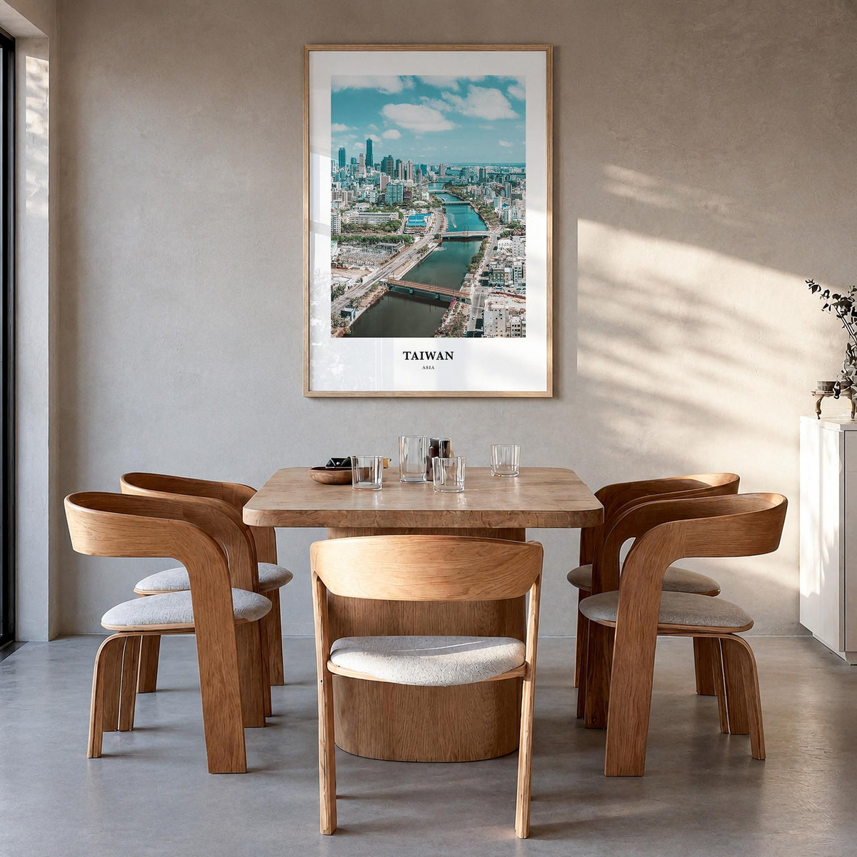 Taiwan colorful classic poster of Asia – vertical wall art in natural wood frame, hanging on wall