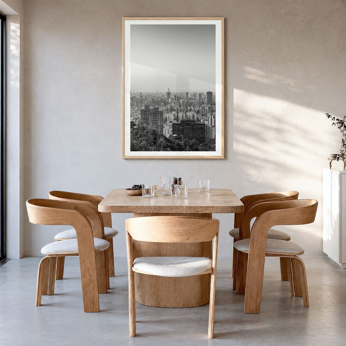 Taiwan Photo Poster in a natural wood frame, hanging in a dining room, white border