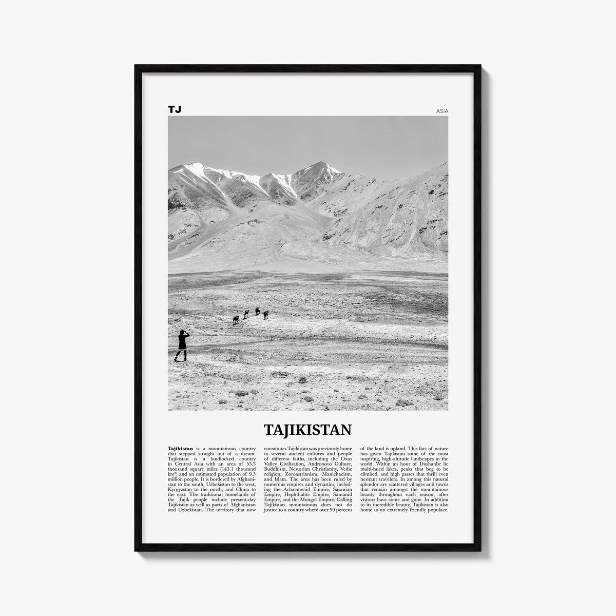 Tajikistan black & white newspaper poster of Asia – vertical wall art, unframed print shown in interior mockup
