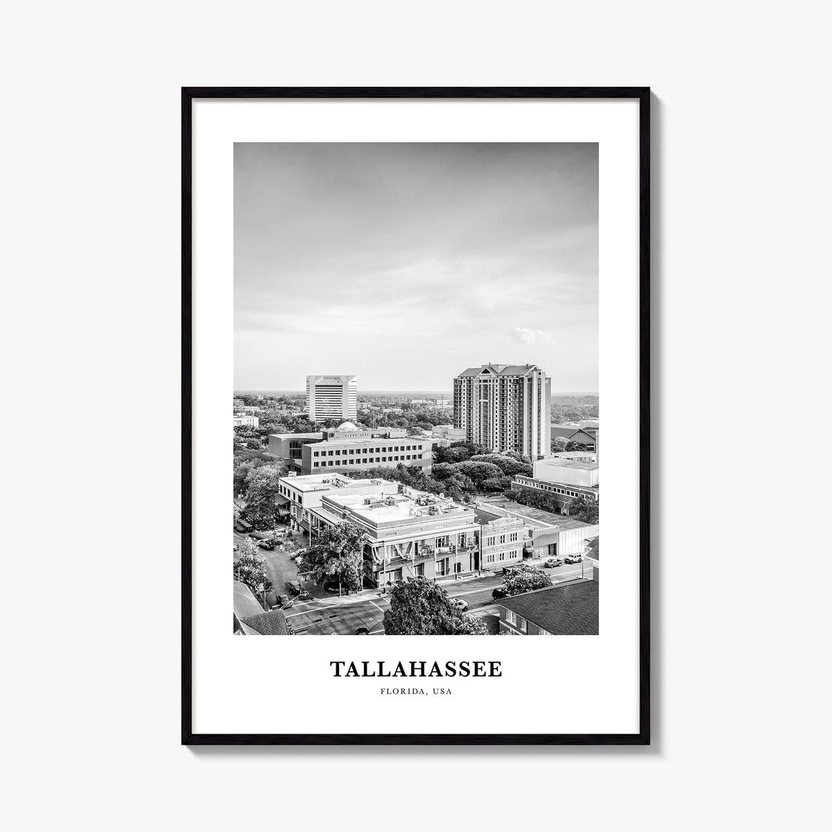 Tallahassee black & white classic poster of Florida, USA – vertical wall art, unframed print shown in interior mockup