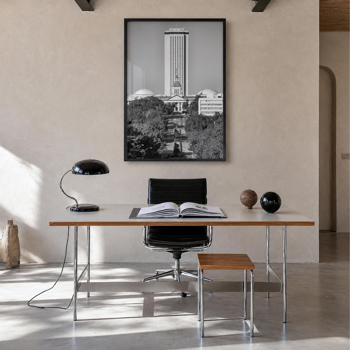 Tallahassee black & white photo poster of Florida, USA – vertical wall art in black wood frame, hanging on wall