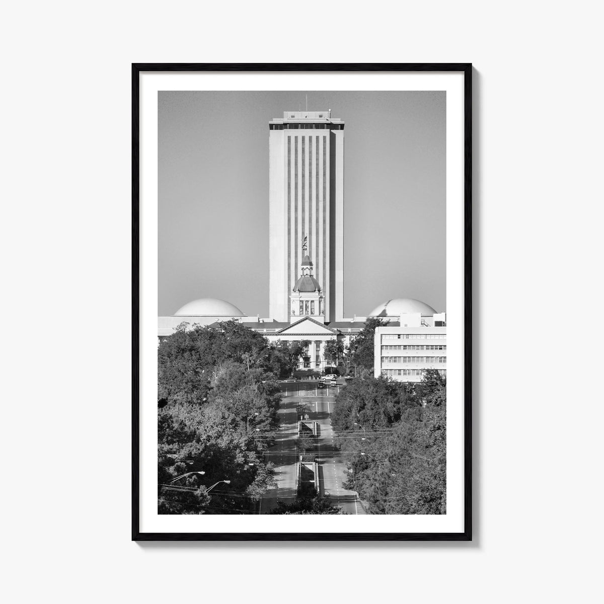 Tallahassee black & white photo poster of Florida, USA – vertical wall art, unframed print shown in interior mockup