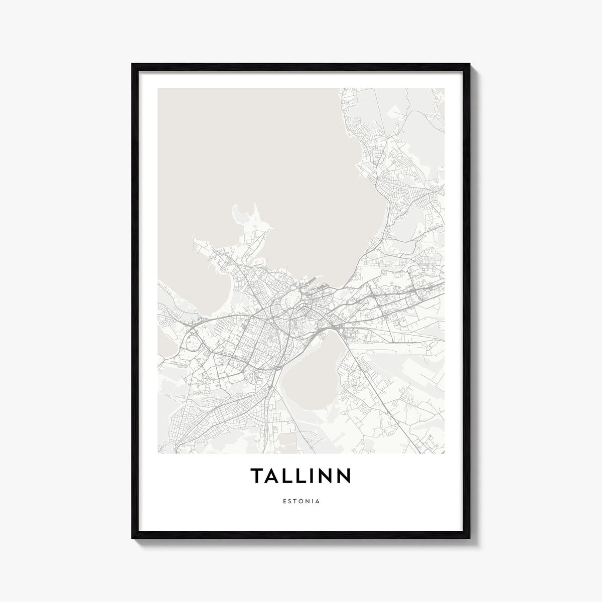 Tallinn black & white map poster of Estonia – vertical wall art, unframed print shown in interior mockup