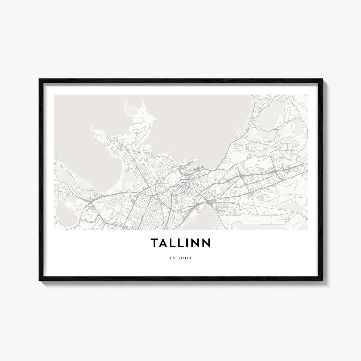 Tallinn black & white map poster of Estonia – horizontal wall art, unframed print shown in interior mockup