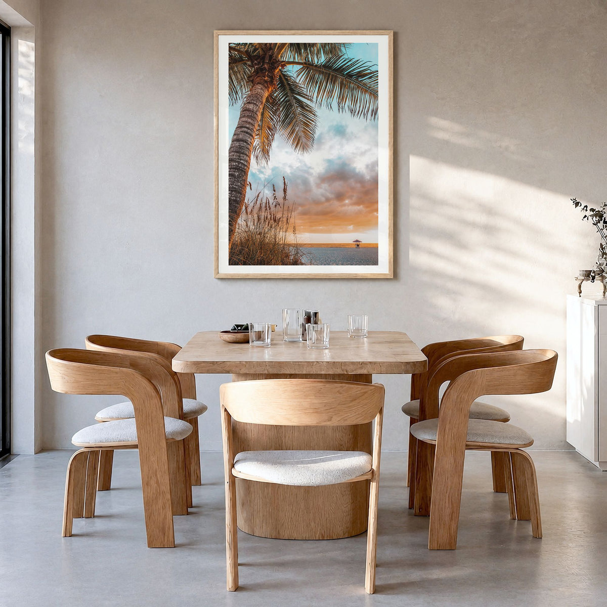 Tampa Bay Photo Poster in a natural wood frame, hanging in a dining room, white border