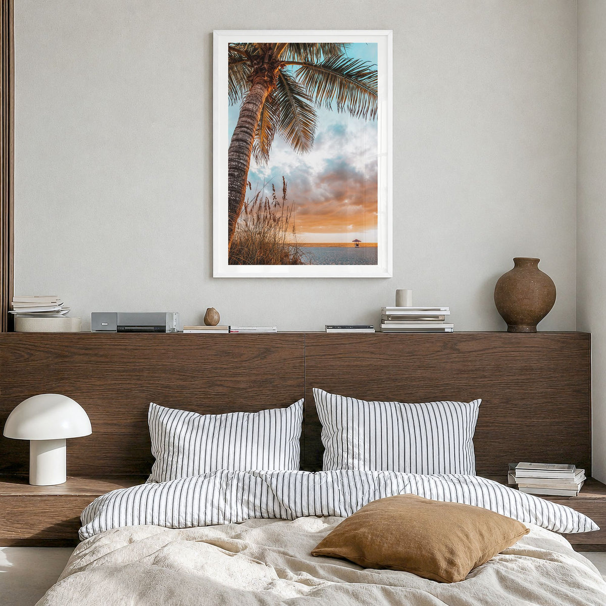 Tampa Bay Photo Poster in a white wood frame, hanging in a bedroom, white border