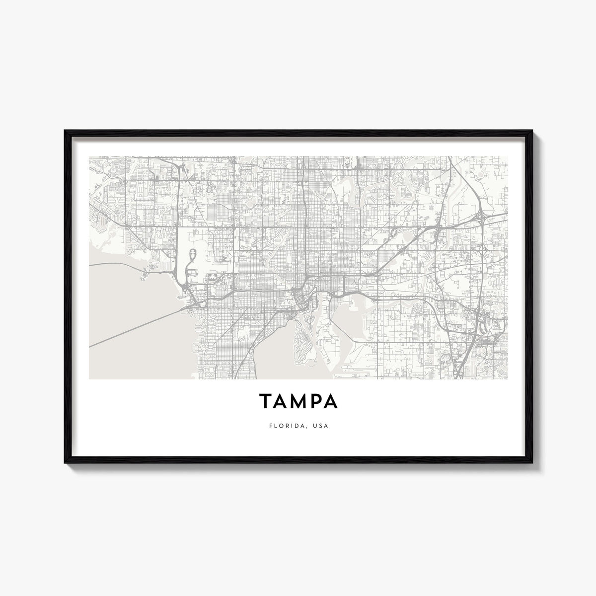 Tampa black & white map poster of Florida, USA – horizontal wall art, unframed print shown in interior mockup