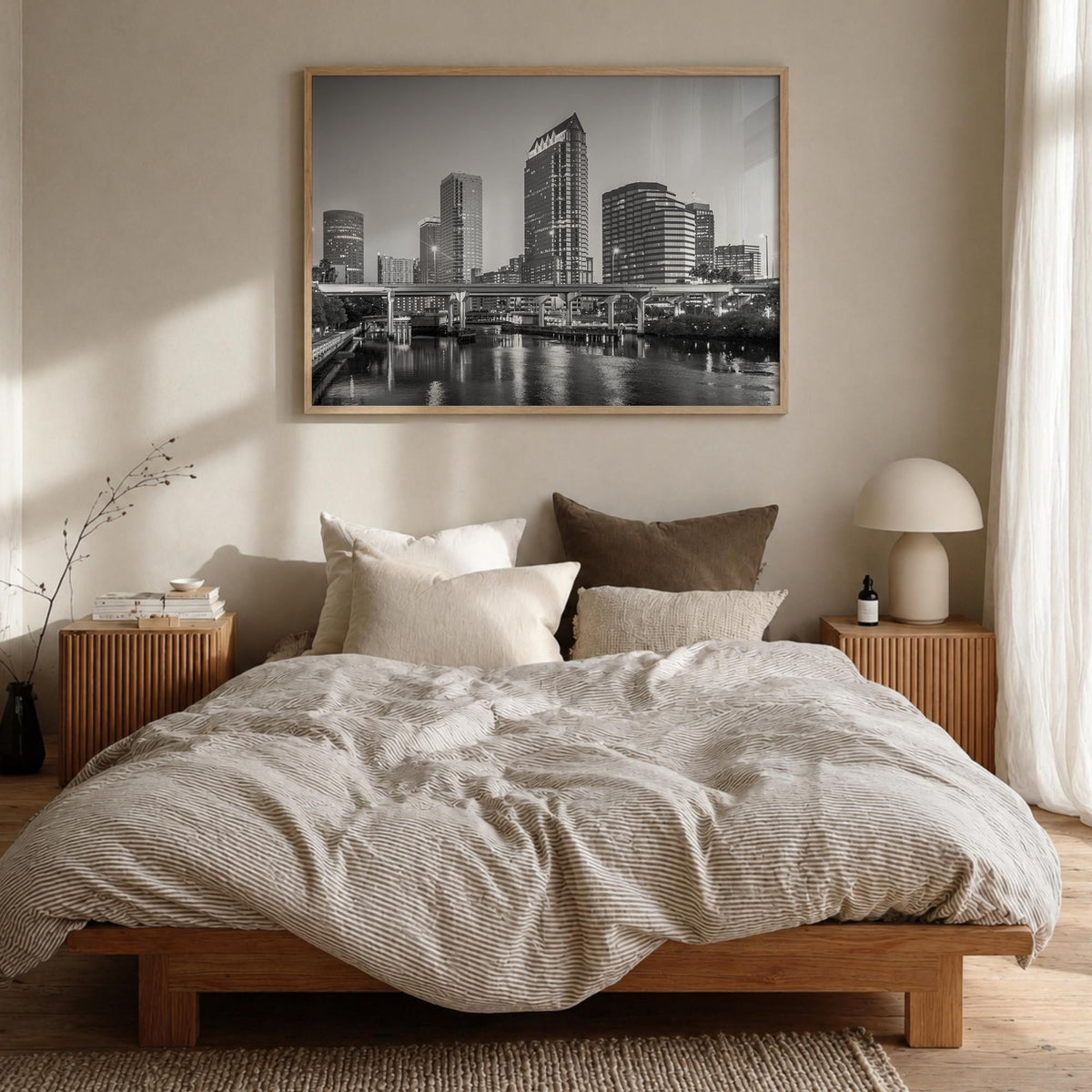 Tampa black & white photo poster of Florida, USA – horizontal wall art in natural wood frame, hanging on wall