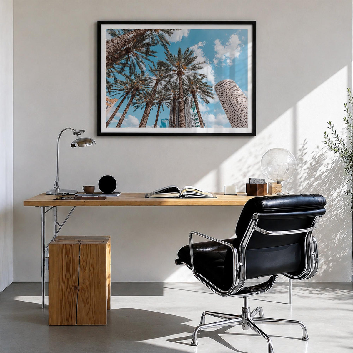Tampa colorful photo poster of Florida, USA – horizontal wall art in black wood frame with white border, hanging on wall