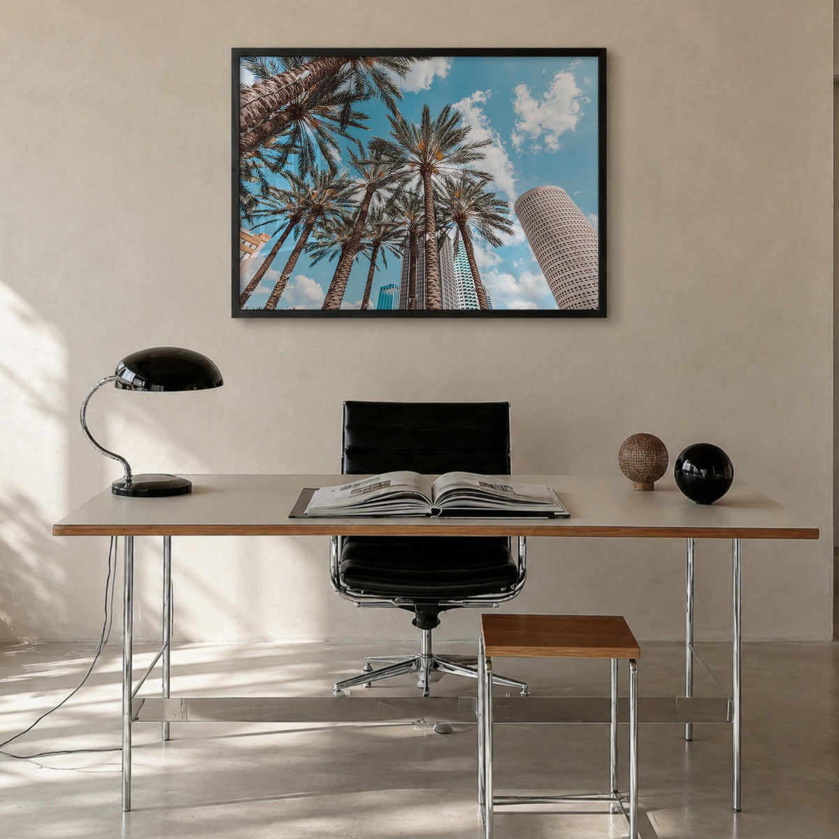 Tampa colorful photo poster of Florida, USA – horizontal wall art in black wood frame, hanging on wall