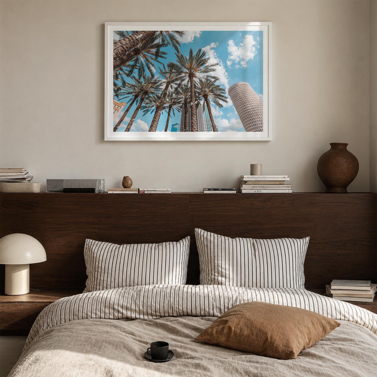 Tampa colorful photo poster of Florida, USA – horizontal wall art in white wood frame with white border, hanging on wall