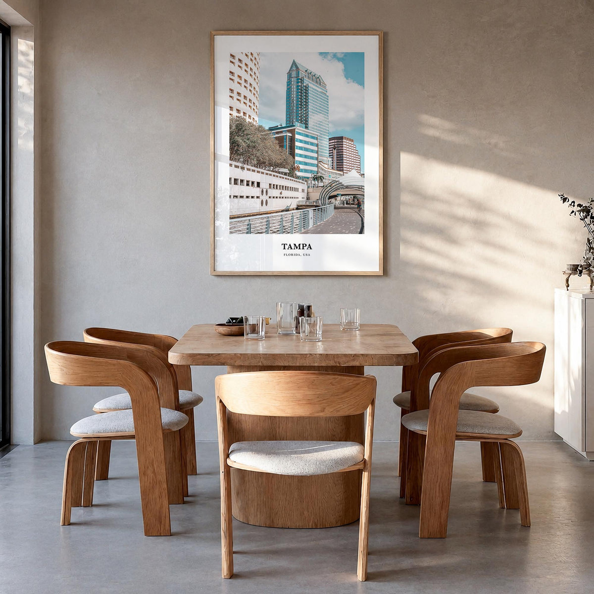 Tampa no. 1 colorful classic poster of Florida, USA – vertical wall art in natural wood frame, hanging on wall