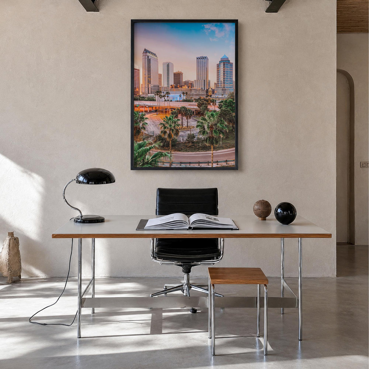 Tampa no. 1 colorful photo poster of Florida, USA – vertical wall art in black wood frame, hanging on wall
