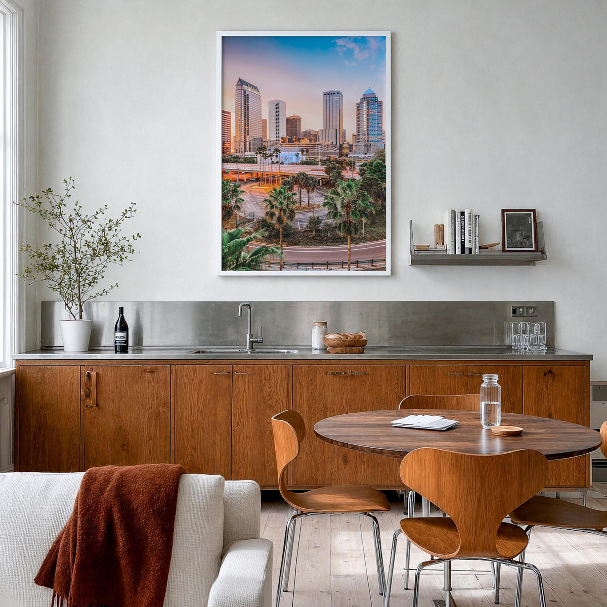 Tampa no. 1 colorful photo poster of Florida, USA – vertical wall art in white wood frame, hanging on wall
