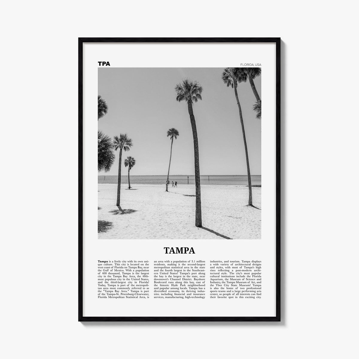 Tampa no. 2 black & white newspaper poster of Florida, USA – vertical wall art, unframed print shown in interior mockup