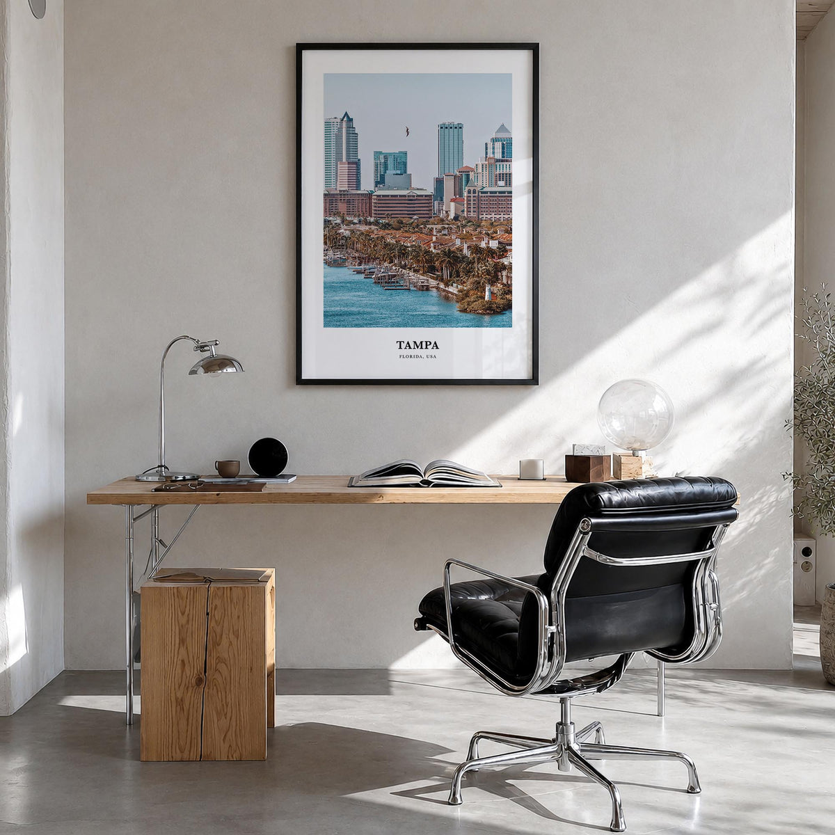Tampa no. 2 colorful classic poster of Florida, USA – vertical wall art in black wood frame, hanging on wall