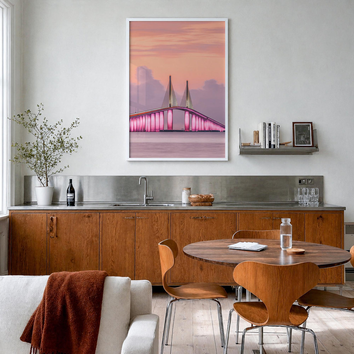 Tampa no. 2 colorful photo poster of Florida, USA – vertical wall art in white wood frame, hanging on wall