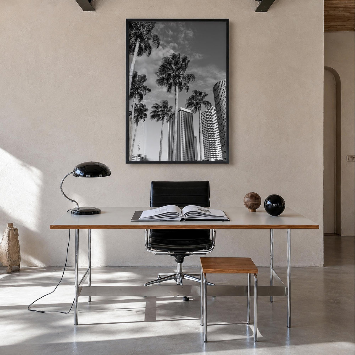 Tampa no. 3 black & white photo poster of Florida, USA – vertical wall art in black wood frame, hanging on wall