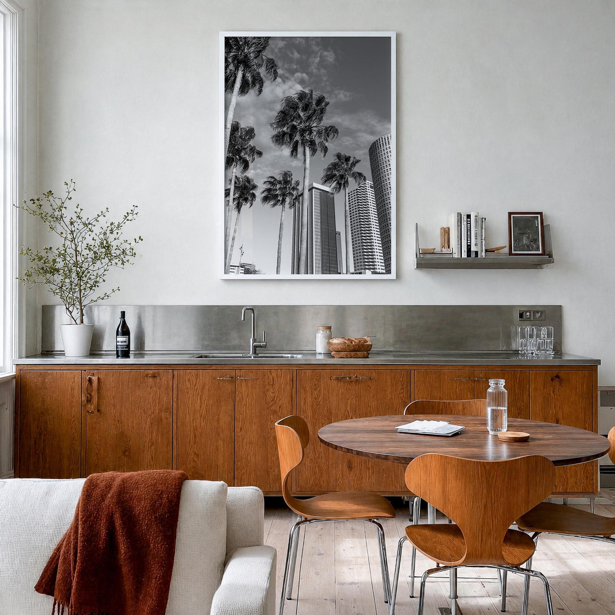 Tampa no. 3 black & white photo poster of Florida, USA – vertical wall art in white wood frame, hanging on wall