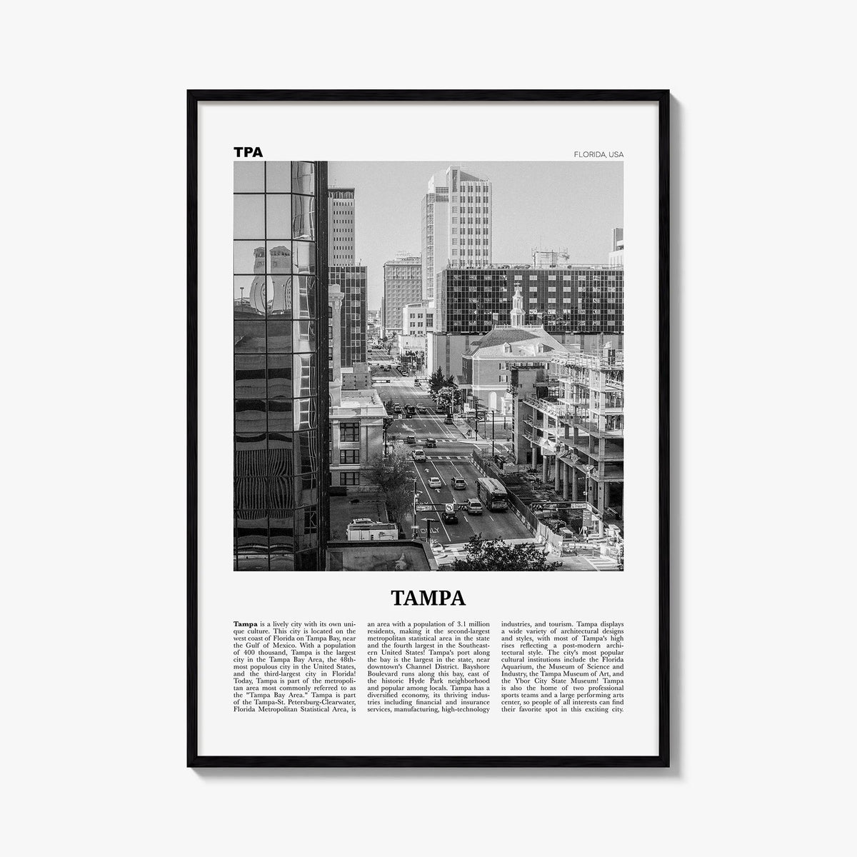 Tampa no. 4 black & white newspaper poster of Florida, USA – vertical wall art, unframed print shown in interior mockup