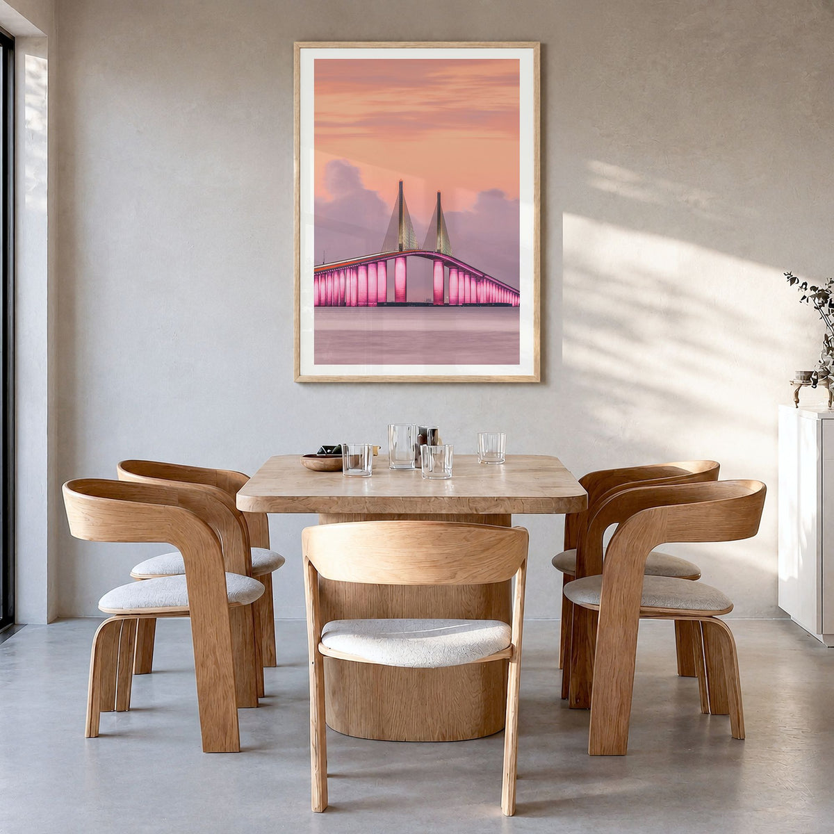 Tampa Photo No 2 Poster in a natural wood frame, hanging in a dining room, white border