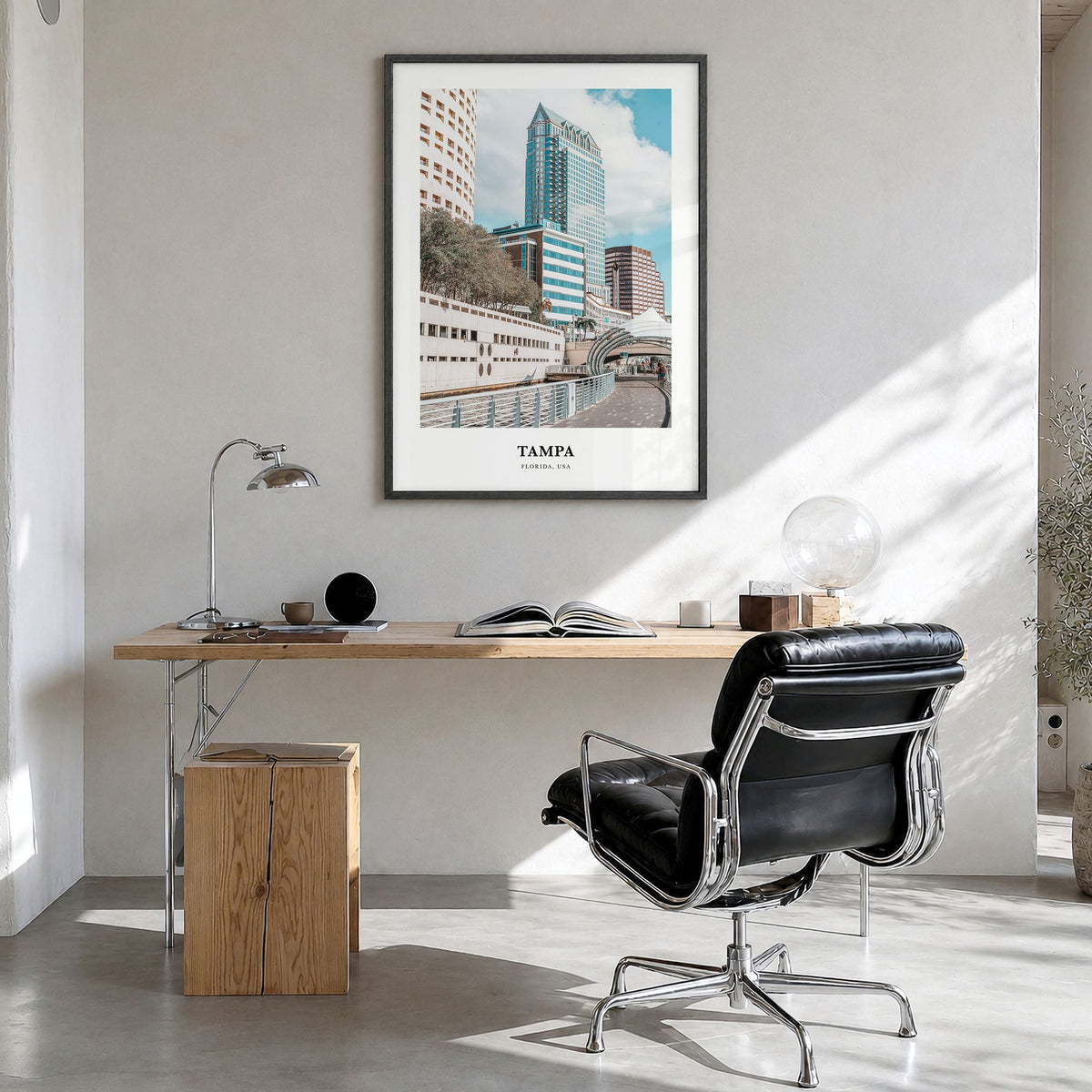 Tampa Classic No 1 Poster in a black wood frame, hanging in a bright home office