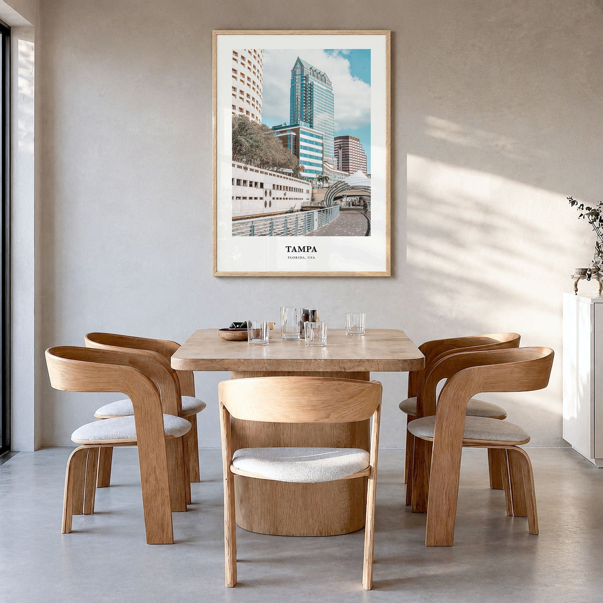 Tampa Classic No 1 Poster in a natural wood frame, hanging in a dining room
