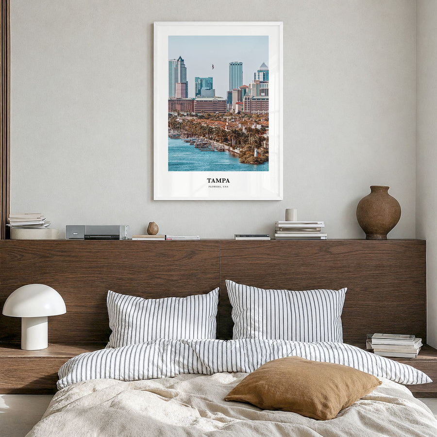 Tampa Classic No 2 Poster in a white wood frame, hanging in a bedroom