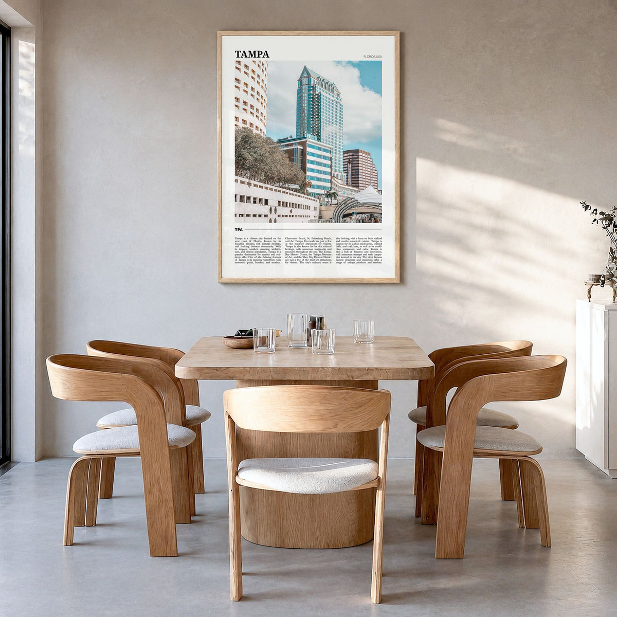 Tampa Travel No 1 Poster in a natural wood frame, hanging in a dining room