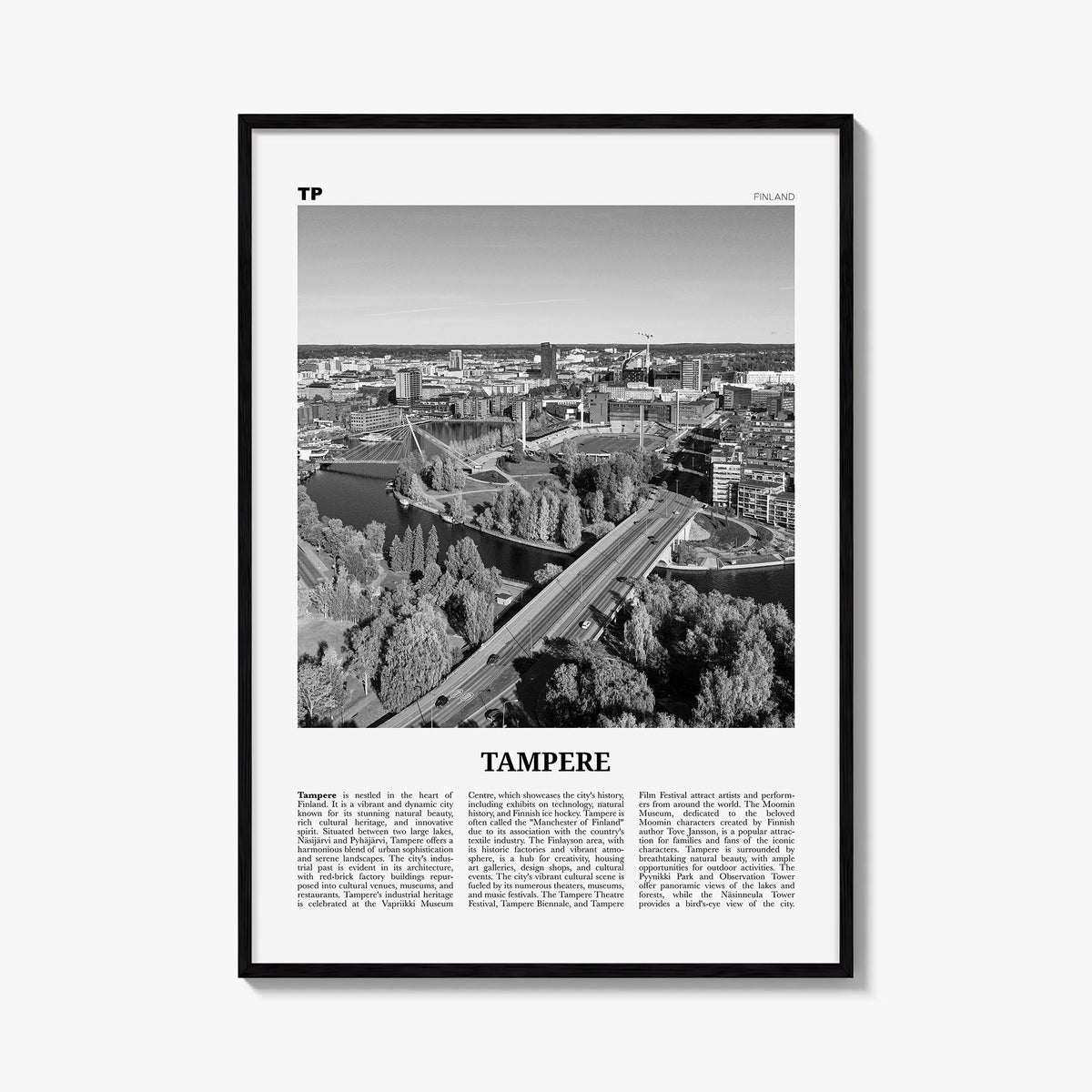 Tampere black & white newspaper poster of Finland – vertical wall art, unframed print shown in interior mockup