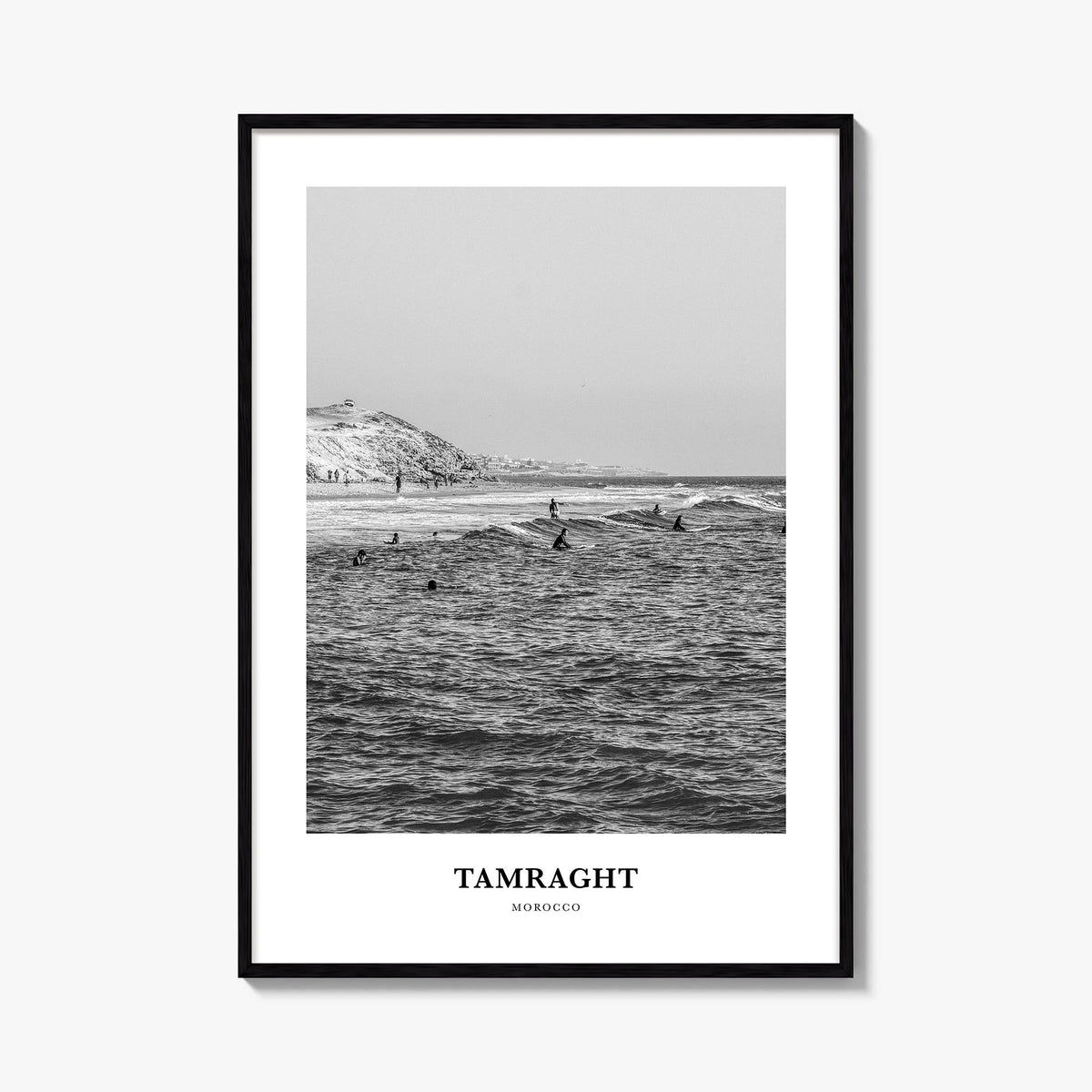 Tamraght black & white classic poster of Morocco – vertical wall art, unframed print shown in interior mockup
