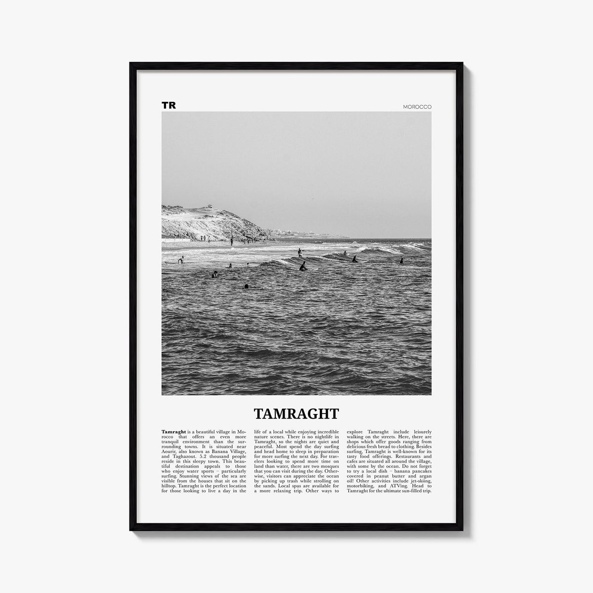 Tamraght black & white newspaper poster of Morocco – vertical wall art, unframed print shown in interior mockup