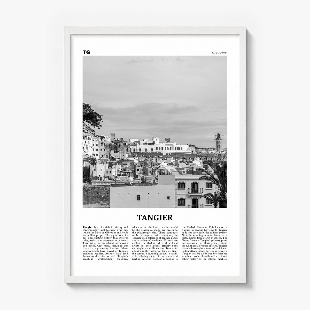 Tangier Newspaper Poster in a white wood frame