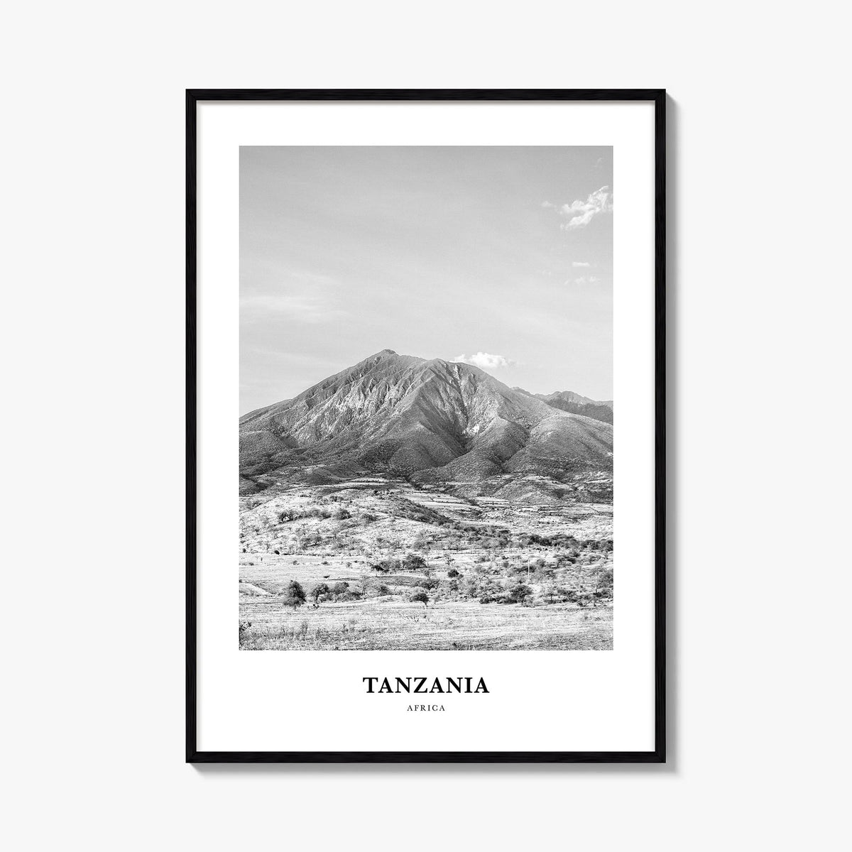 Tanzania black & white classic poster of Africa – vertical wall art, unframed print shown in interior mockup