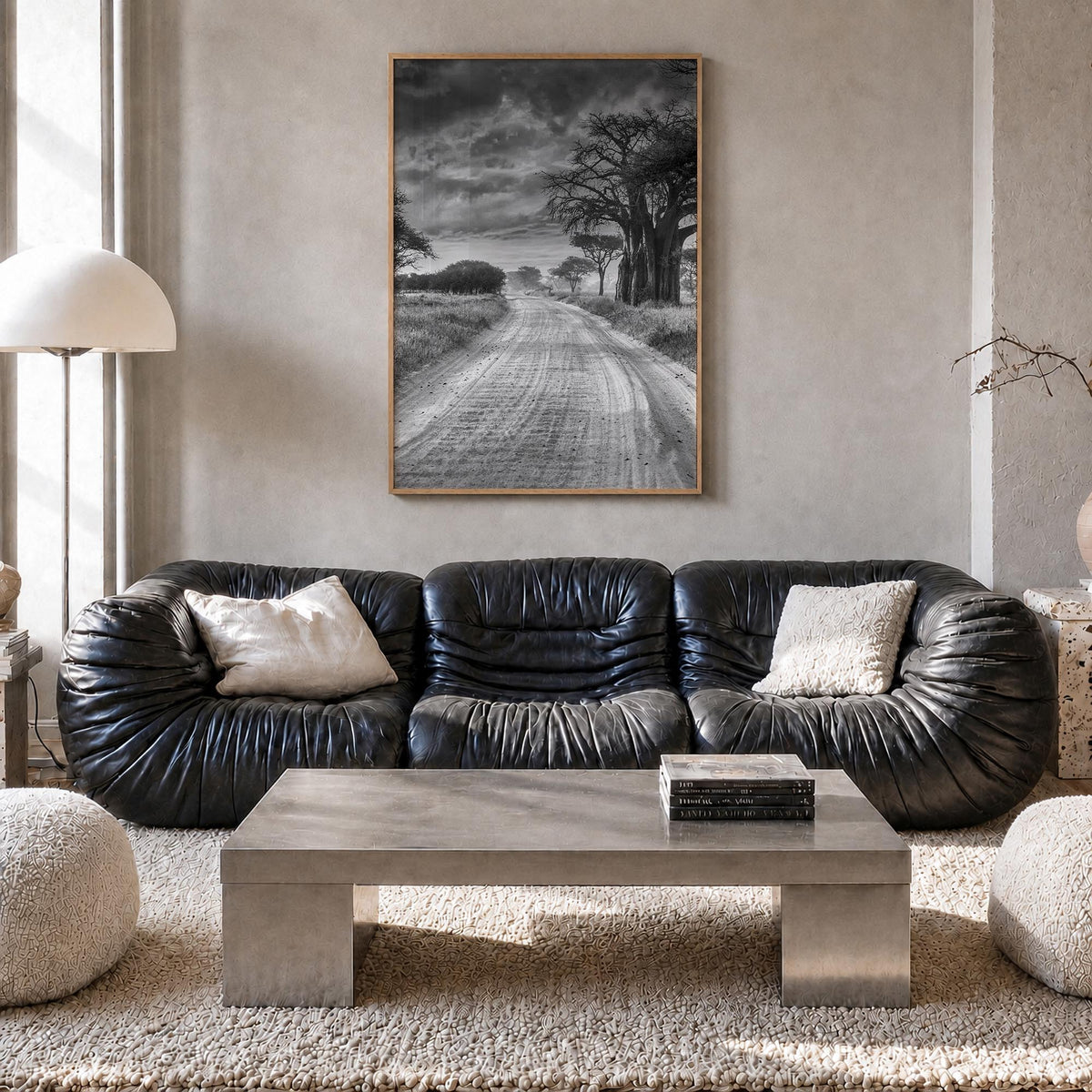 Tanzania black & white photo poster of Africa – vertical wall art in natural wood frame, hanging on wall