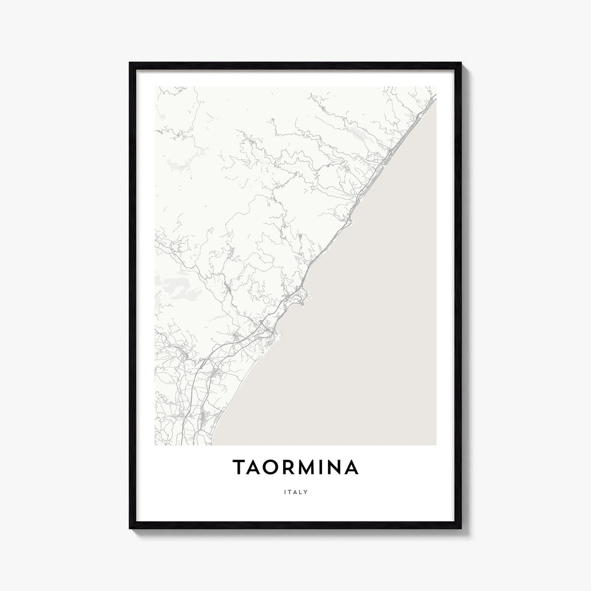 Taormina black & white map poster of Italy – vertical wall art, unframed print shown in interior mockup