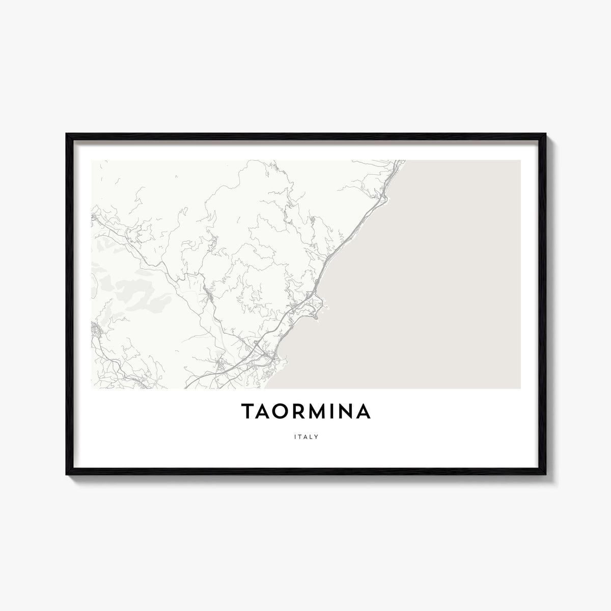 Taormina black & white map poster of Italy – horizontal wall art, unframed print shown in interior mockup