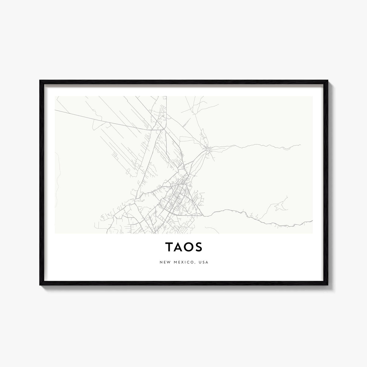 Taos black & white map poster of New Mexico, USA – horizontal wall art, unframed print shown in interior mockup