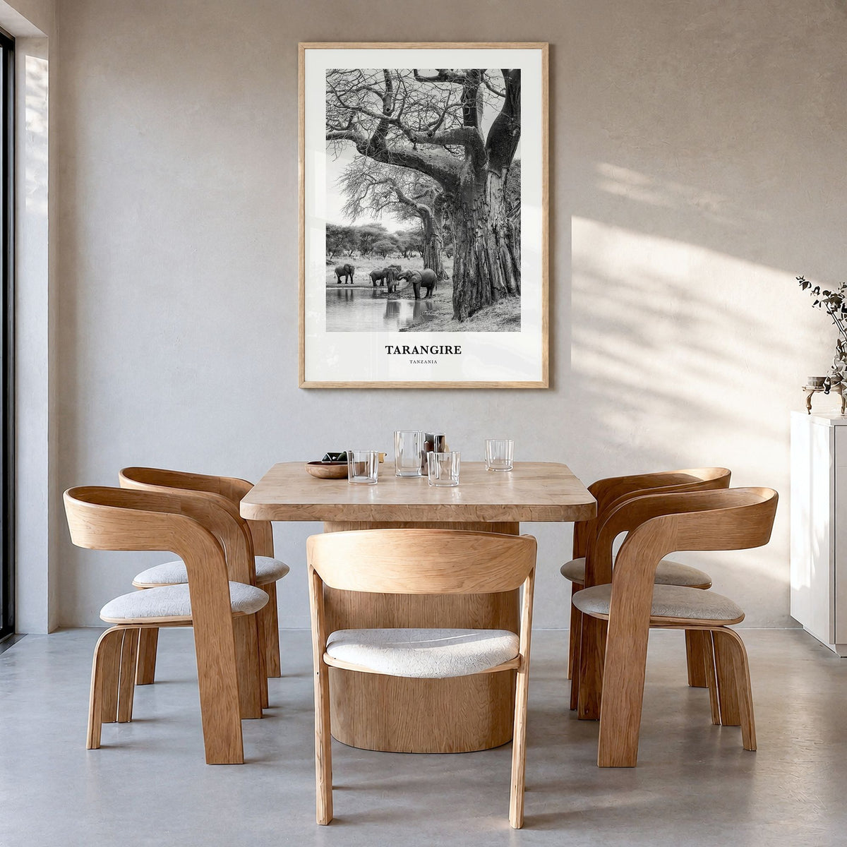 Tarangire National Park Classic Poster in a natural wood frame, hanging in a dining room