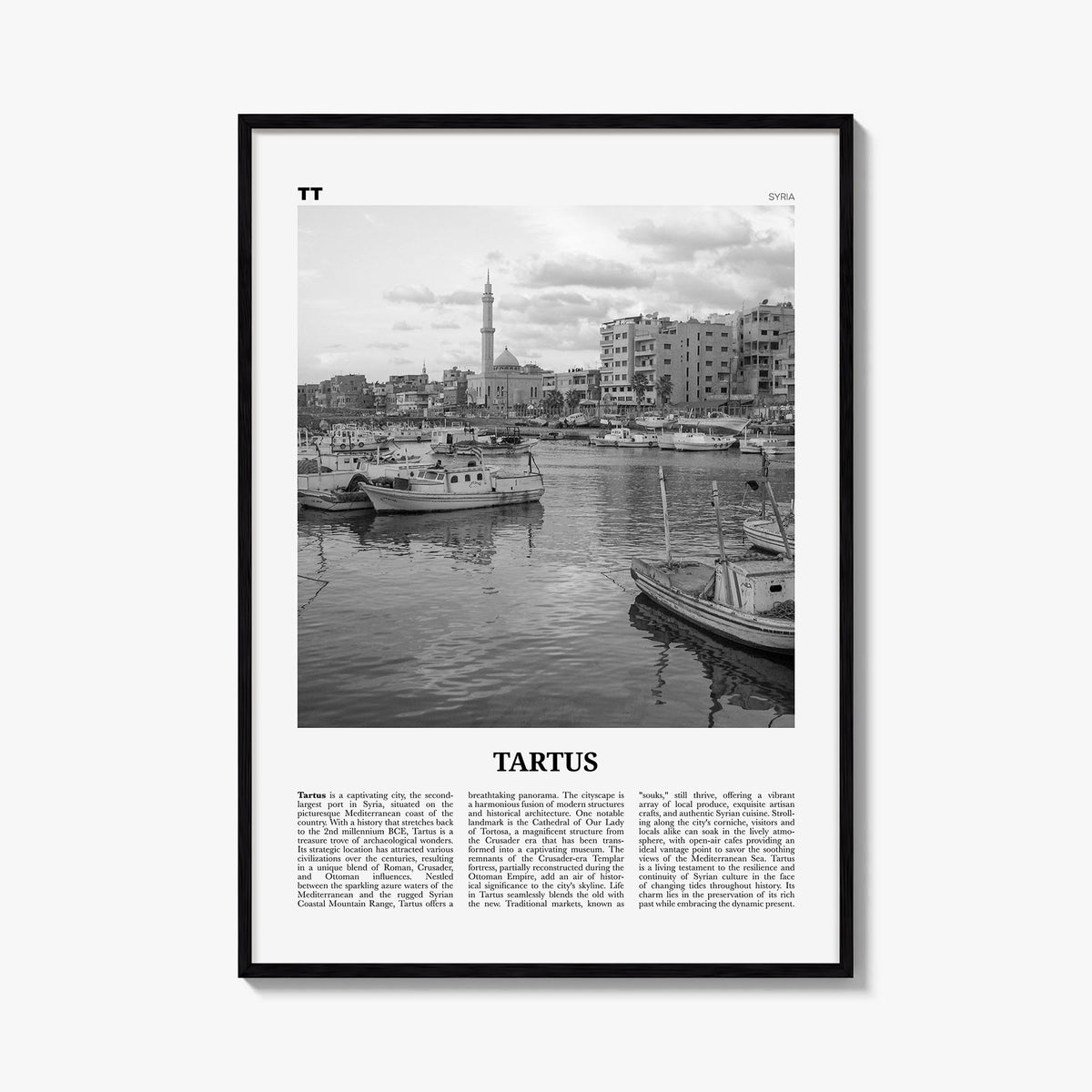 Tartus black & white newspaper poster of Syria – vertical wall art, unframed print shown in interior mockup