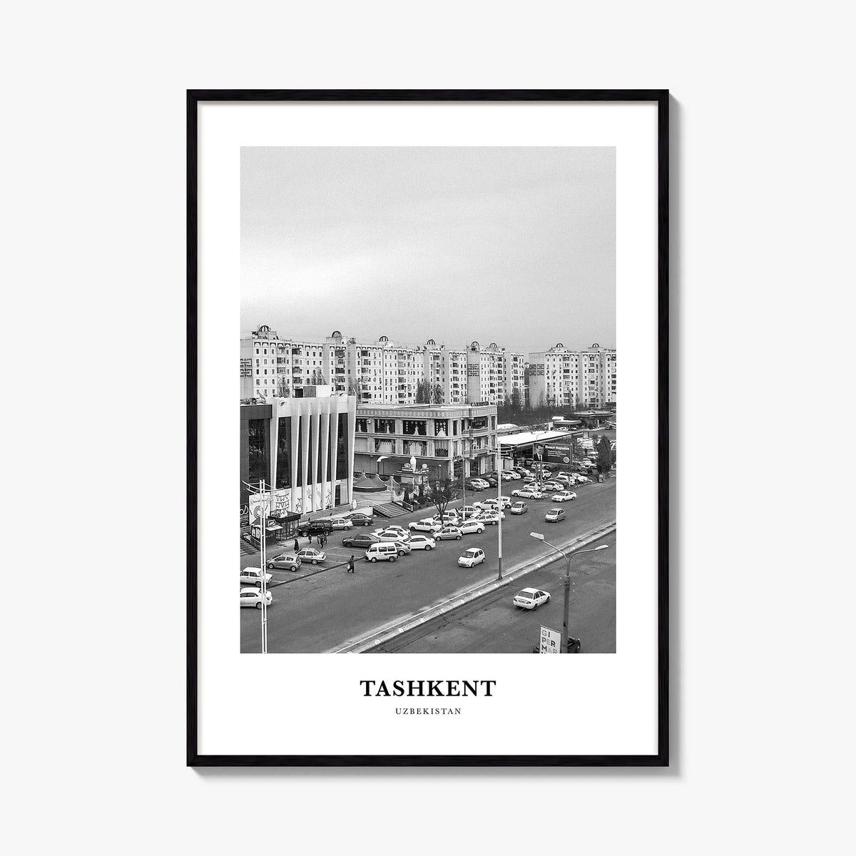 Tashkent black & white classic poster of Uzbekistan – vertical wall art, unframed print shown in interior mockup