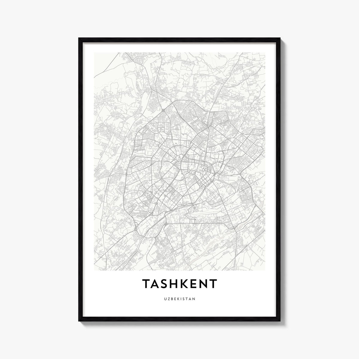 Tashkent black & white map poster of Uzbekistan – vertical wall art, unframed print shown in interior mockup