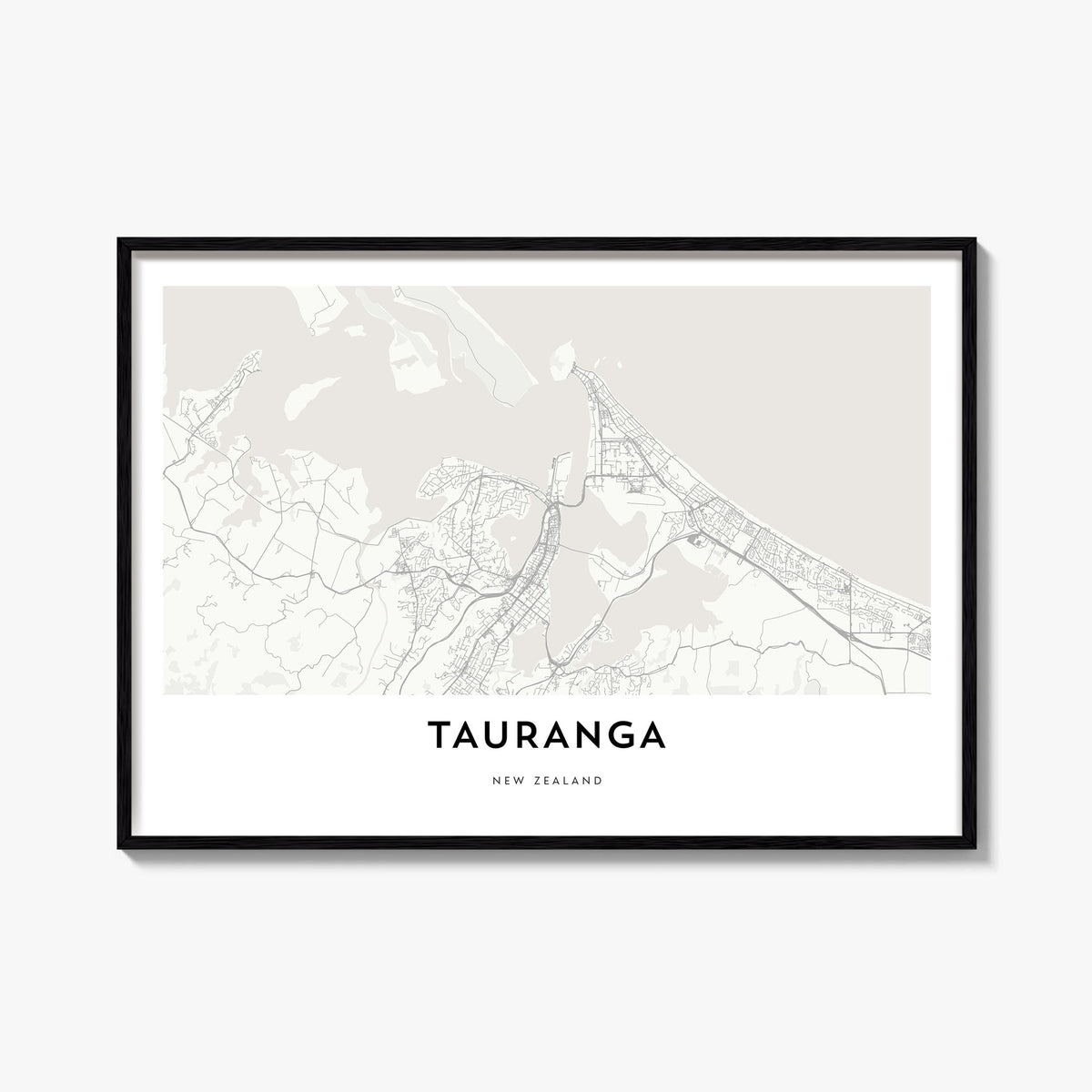 Tauranga black & white map poster of New Zealand – horizontal wall art, unframed print shown in interior mockup