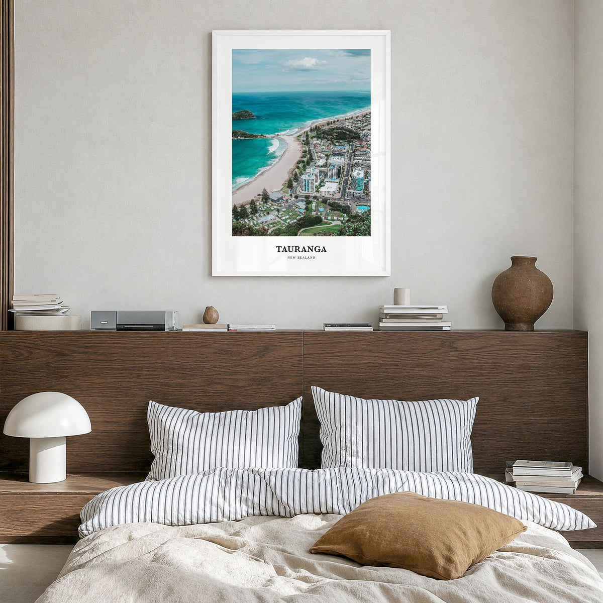 Tauranga Classic Poster in a white wood frame, hanging in a bedroom
