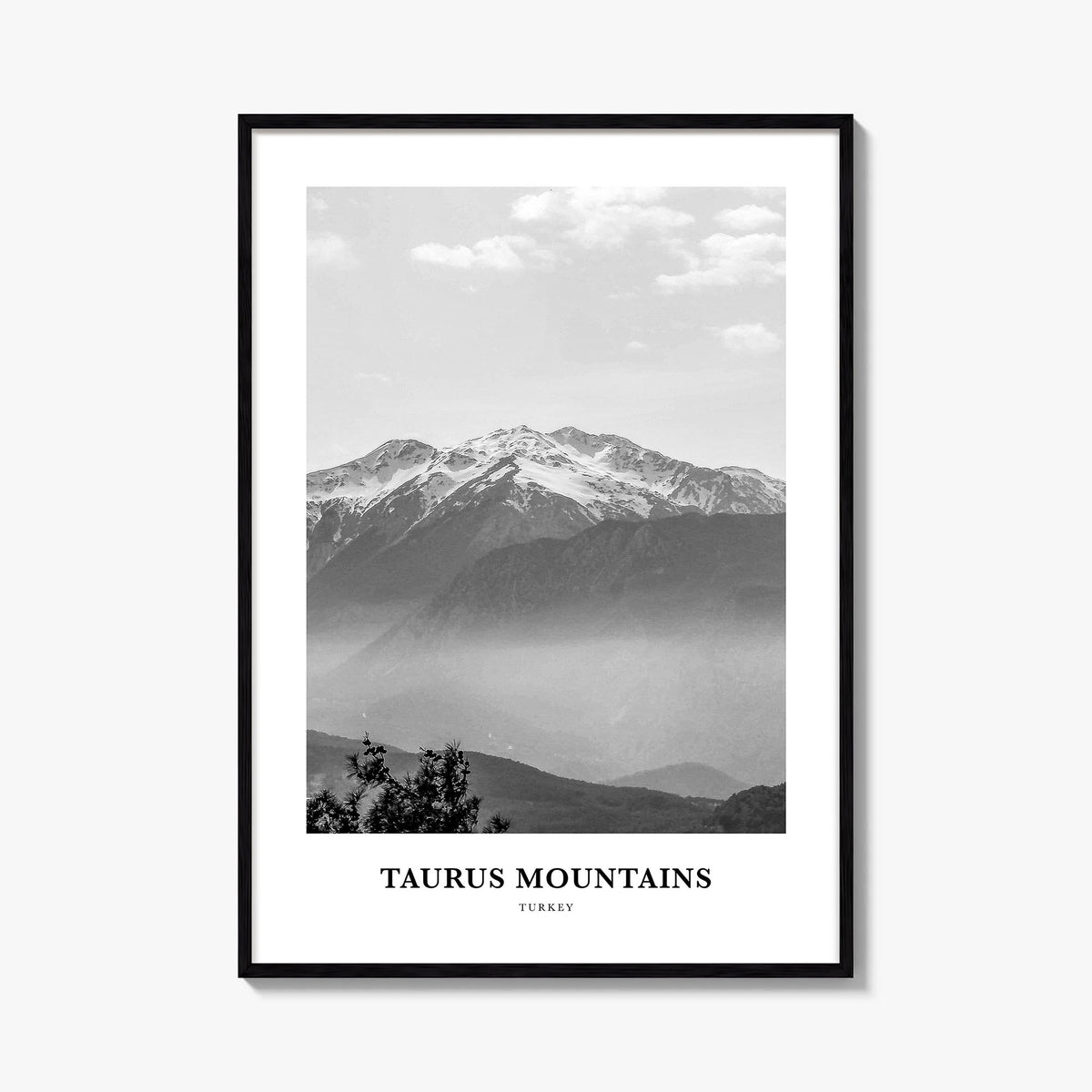 Taurus Mountains black & white classic poster of Türkiye – vertical wall art, unframed print shown in interior mockup
