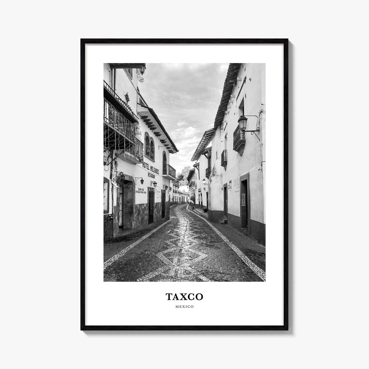 Taxco black & white classic poster of Mexico – vertical wall art, unframed print shown in interior mockup