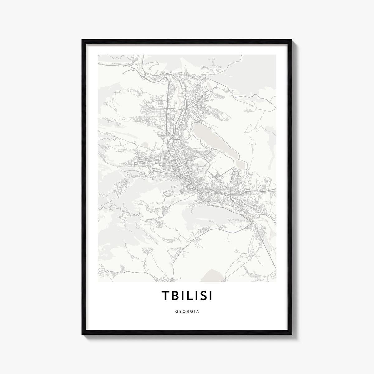Tbilisi black & white map poster of Georgia – vertical wall art, unframed print shown in interior mockup