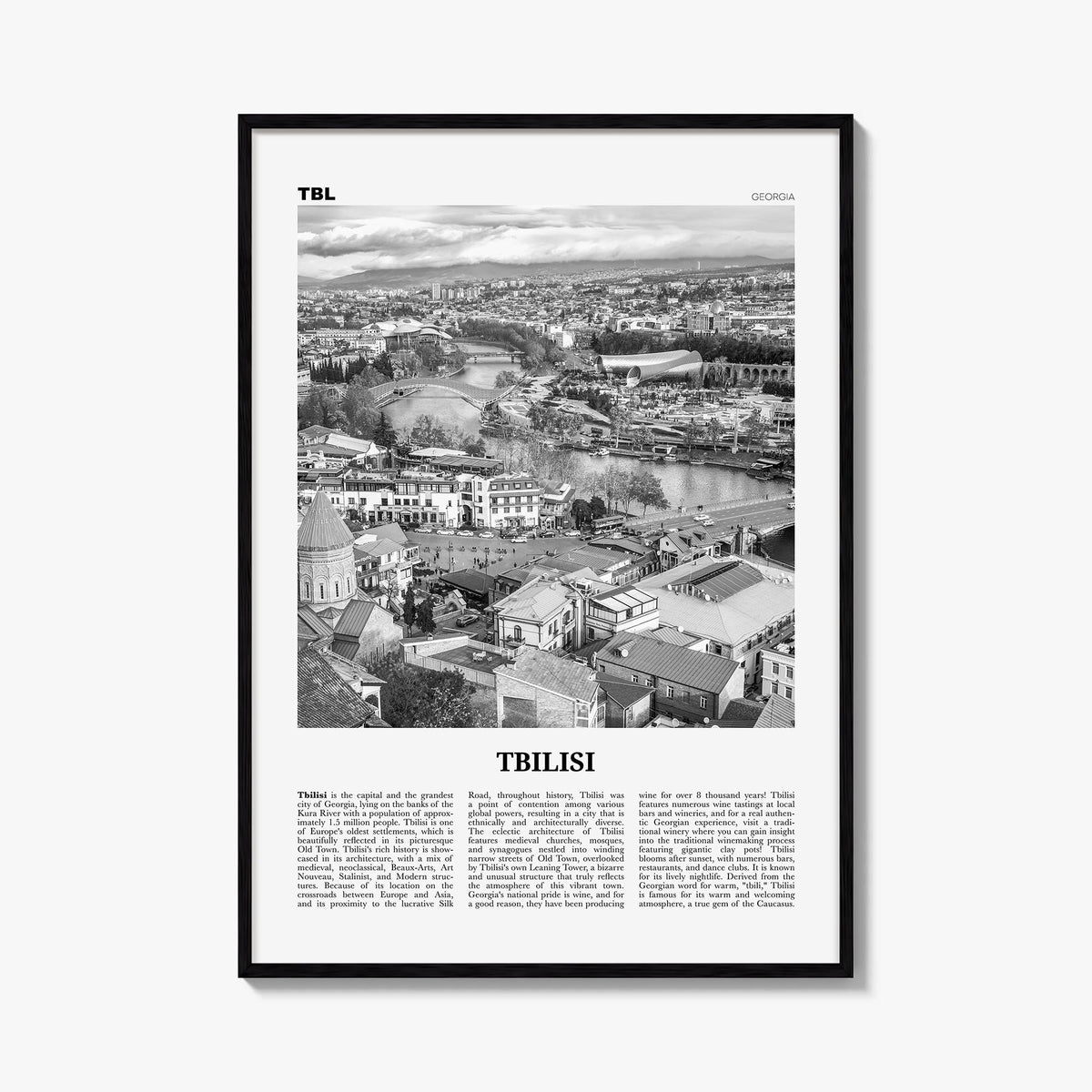 Tbilisi black & white newspaper poster of Georgia – vertical wall art, unframed print shown in interior mockup