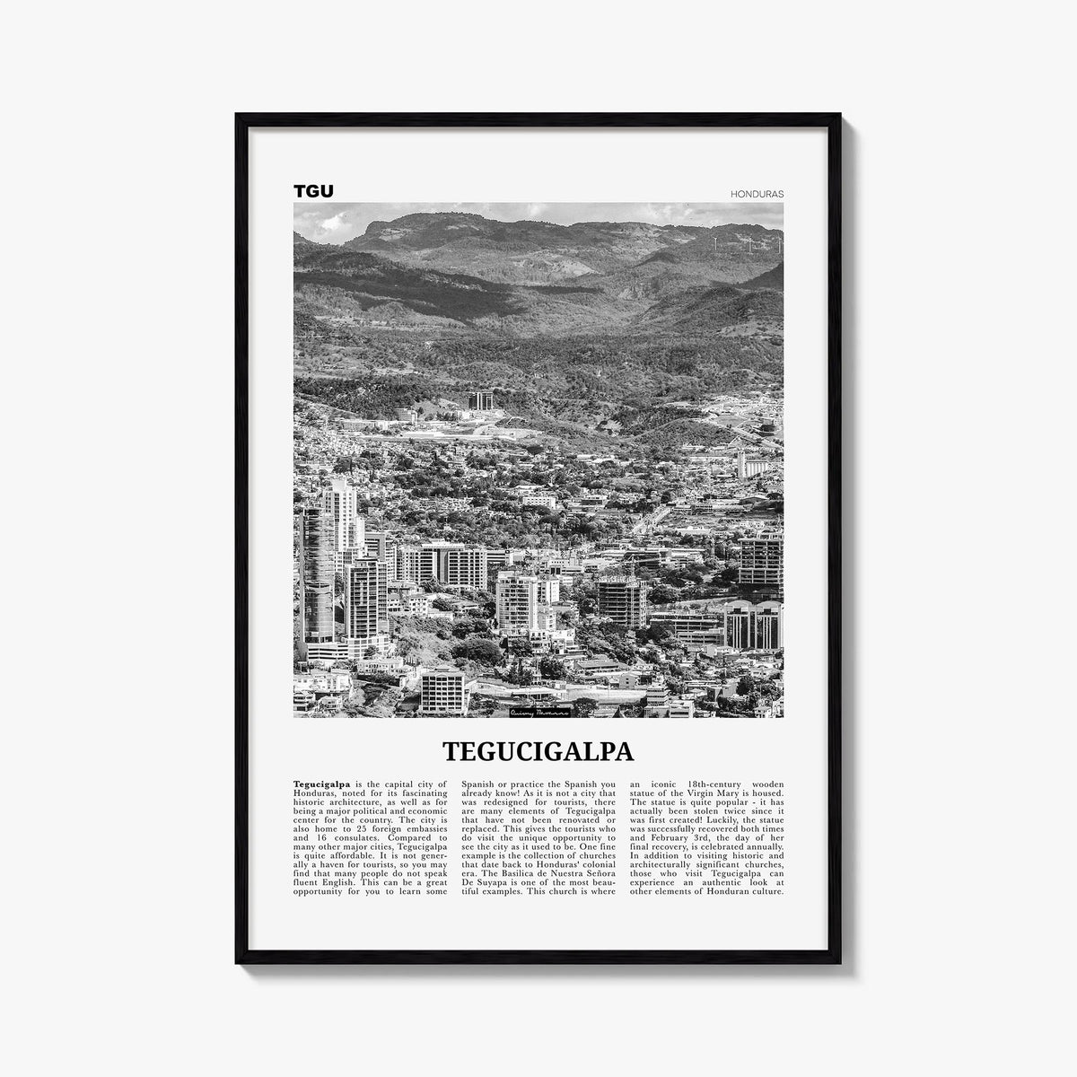 Tegucigalpa black & white newspaper poster of Honduras – vertical wall art, unframed print shown in interior mockup