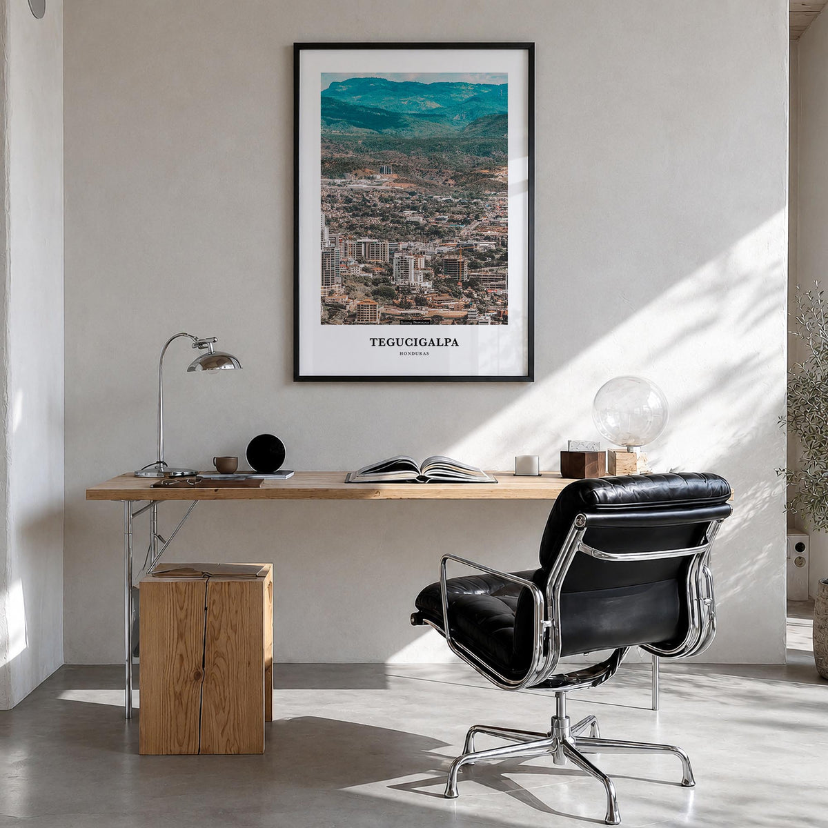 Tegucigalpa colorful classic poster of Honduras – vertical wall art in black wood frame, hanging on wall
